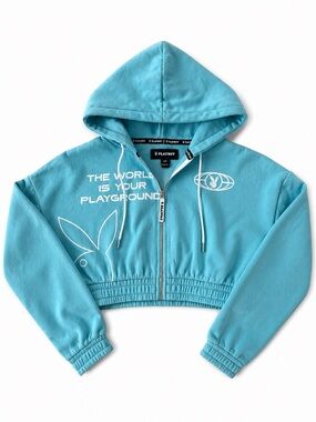 Playboy Zip-Up Cropped Hoodie Small Light Blue